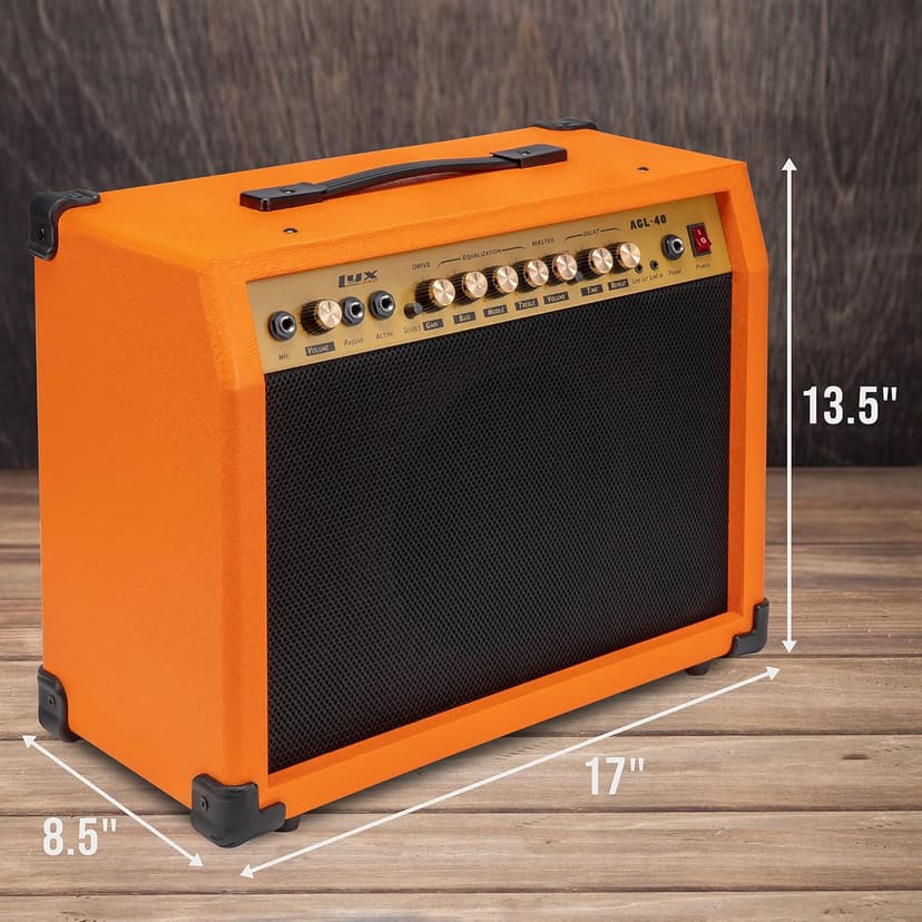 LyxPro 40 Watt Electric Guitar Amplifier | Solid State Studio Amp with 8” 4-Ohm Speaker, Custom EQ Controls, Drive, Delay, ¼” Passive/Active/Microphone Inputs, Aux in & Headphone Jack - Sunburst