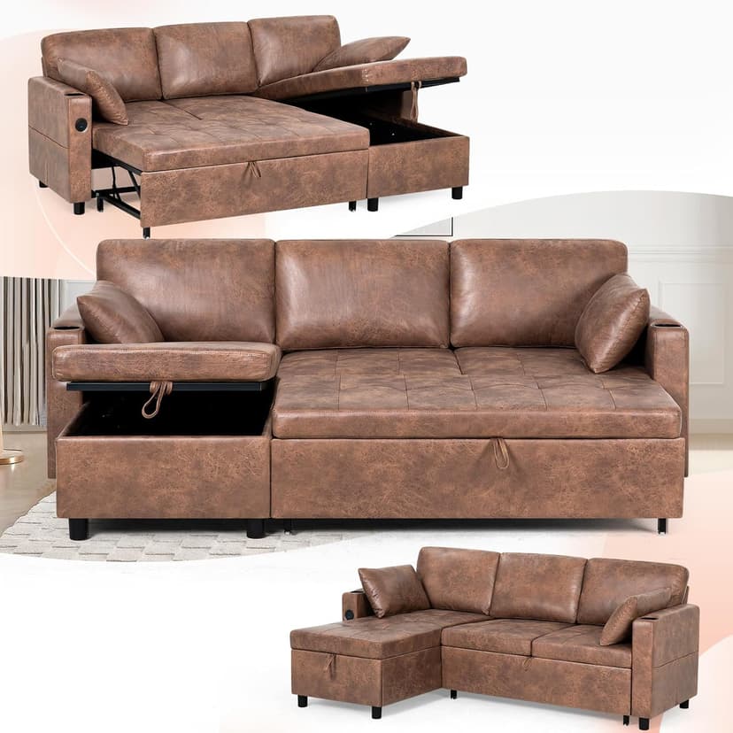 Lesofair 84" L-Shape Pull Out Sofa Bed with Adjustable Backrest, Upholstered Sectional Sleeper Sofa with Storage Chaise, Suede Leather Reversible Couch Bed with USB Port for Living Room, House, Brown