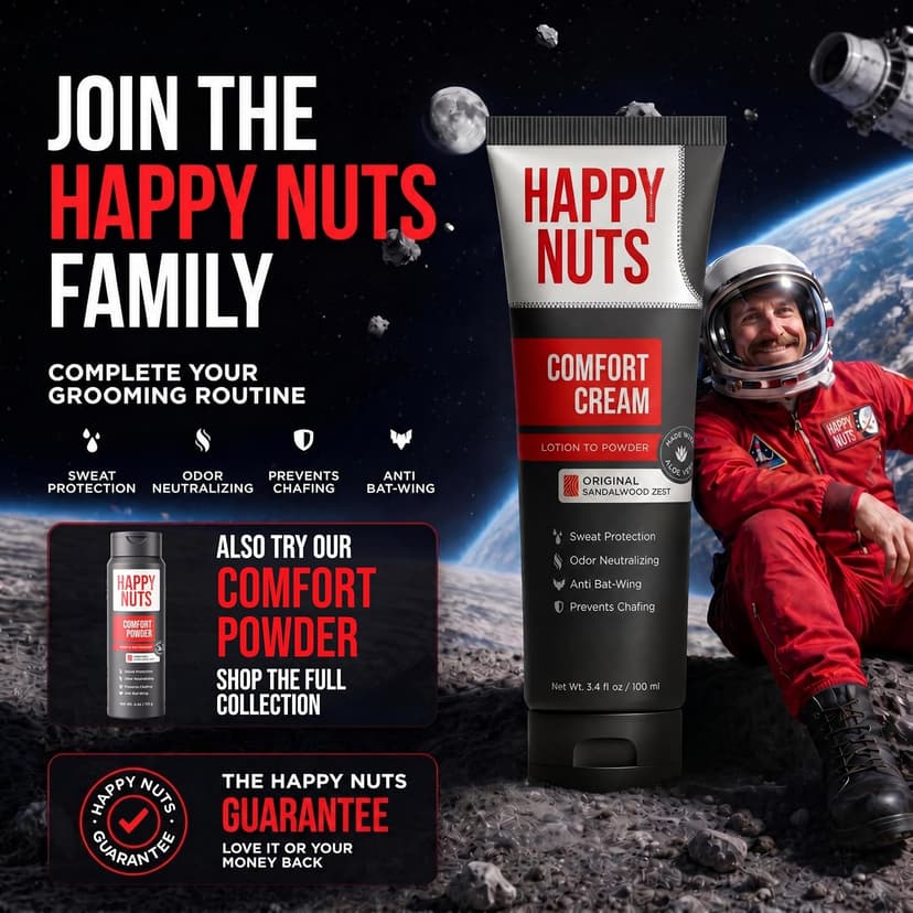 HAPPY NUTS Comfort Cream Deodorant For Men: Anti-Chafing Sweat Defense, Odor Control, Aluminum-Free Mens Deodorant & Travel Essential for Men's Private Parts 3.4 fl oz (Original)