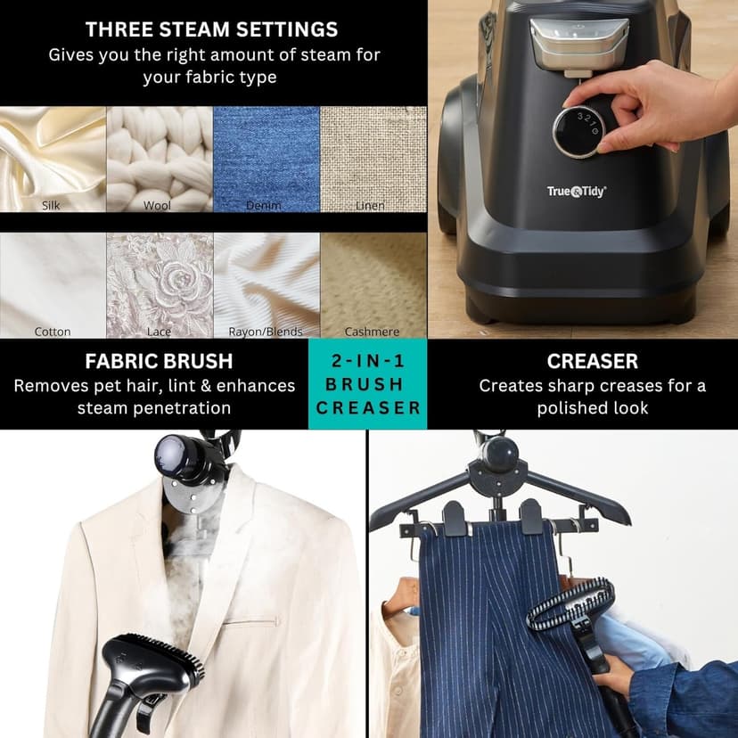 True & Tidy® Heavy-Duty Commercial Industrial Standing Garment Steamer for Clothes, 1800 watts, XL 3L water tank 90+ mins of Steam 3 Steam Settings, Step On/Off Control, Wheels for Easy Movement