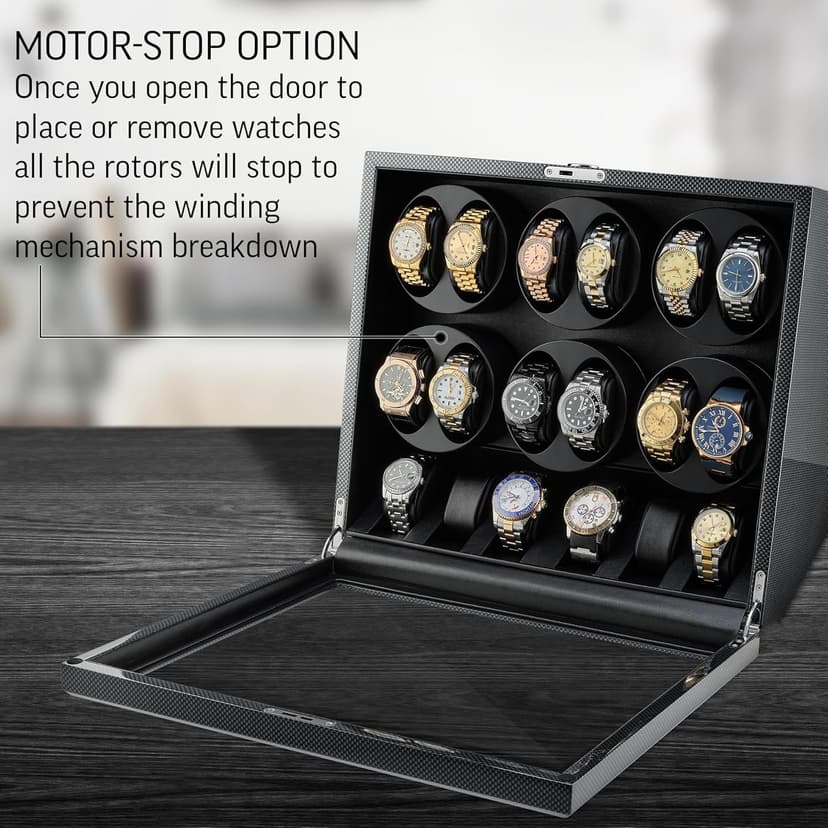 TIMECUBE 12 Watch Winder with 6 Storage Slots, LED Light and Automatic Motor-Stop (Carbon)