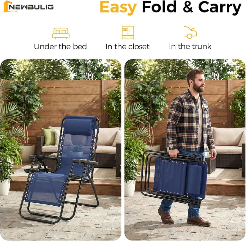 NEWBULIG Zero Gravity Chair Set of 2, Lounge Chair Folding Portable Adjustable Camping Reclining Chairs with Adjustable Pollow, Mesh Back, Cup Holder Trays Lawn Patio Chair for Pool Beach - Blue