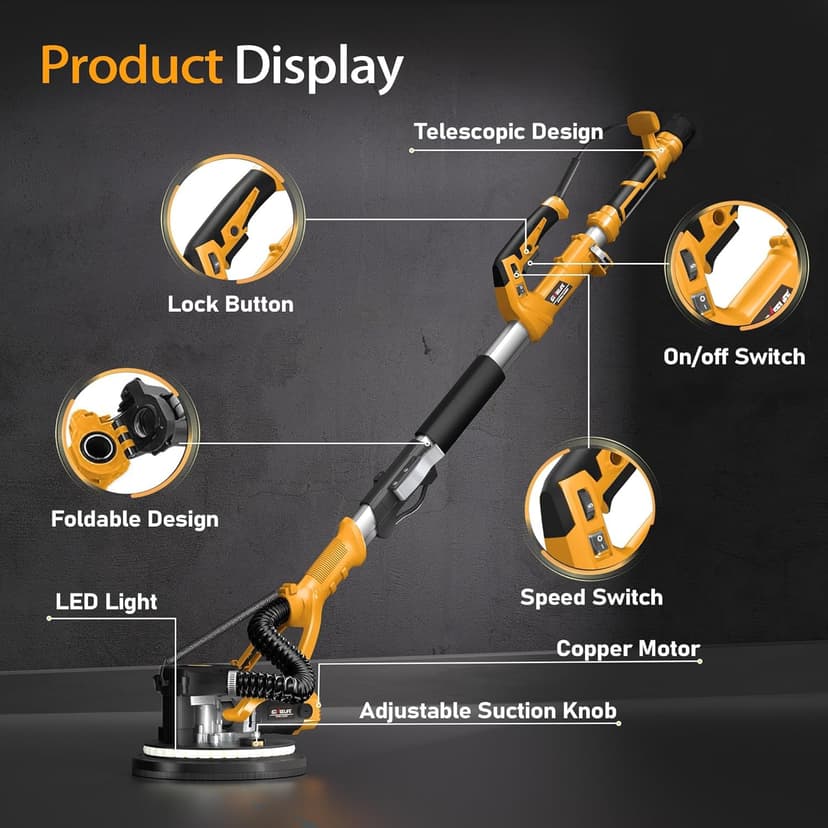 GEVEELIFE Drywall Sander, 880W 7.33A Electric Drywall Sander with Vacuum Dust Collector, 5 Variable Speed 1000-2100RPM, LED Light, Foldable & Extendable Handle, 12 Sanding Discs (Dark Orange)