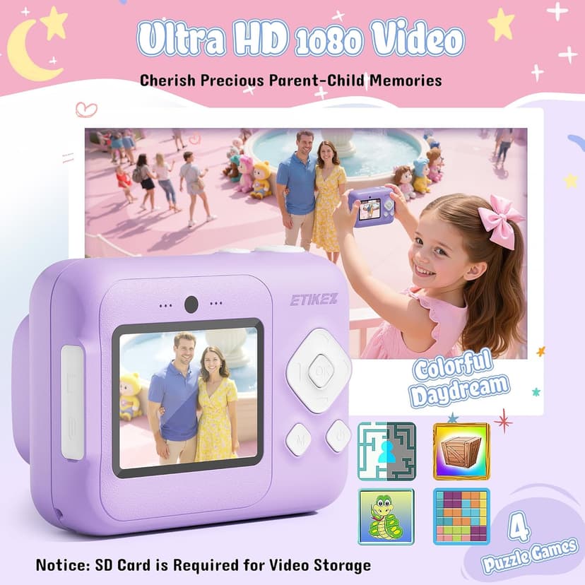 Kids Camera, 1080P Instant Digital Print Camera for Kids, Christmas Birthday Gifts for 4 5 6 7 8 9 10 Year Old Girls Boys, Portable Toy with 32GB SD Card & 3 Rolls Printing Paper, Purple
