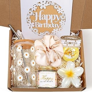 Birthday Gifts for Women, Teen Girl Gifts, Birthday Gifts for Her, Happy Bday Gift Box for Girl, Women, Sister, Daughter, Best Friend, Friendship, Cute Daisy Glass Cup Gifts Set 7PCS, 16oz, Beige