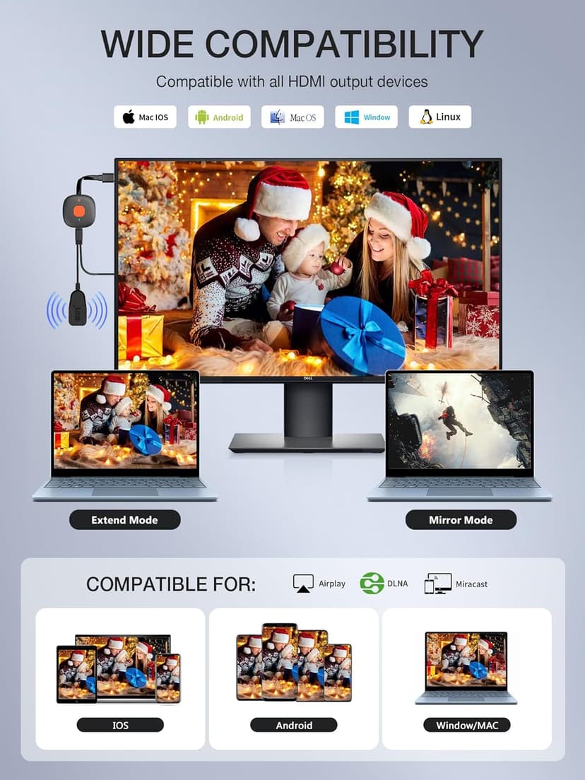 Wireless HDMI Display Dongle Adapter 4K, TIMBOOTECH WiFi HDMI Dongle Adapter Casting Video Receiver for Phone/Pad/OS/Android/PC/MacOS to TV/Projector/Monitor, Support Miracast, DLNA, Airplay