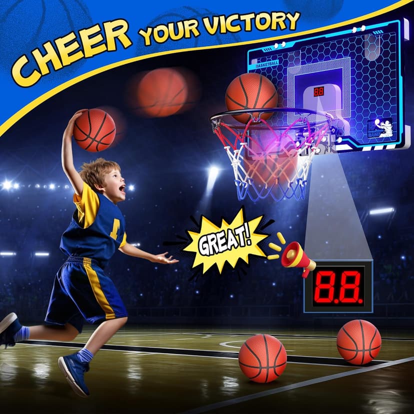 HopeRock Indoor Mini Basketball Hoop for Kids, Basketball Hoops Over The Door with LED Lighting, Mini Hoop with Scoreboard & 3 Balls, Basketball Toys Gifts for 5 6 7 8 9 10 11 12 Year Old Boys Girls