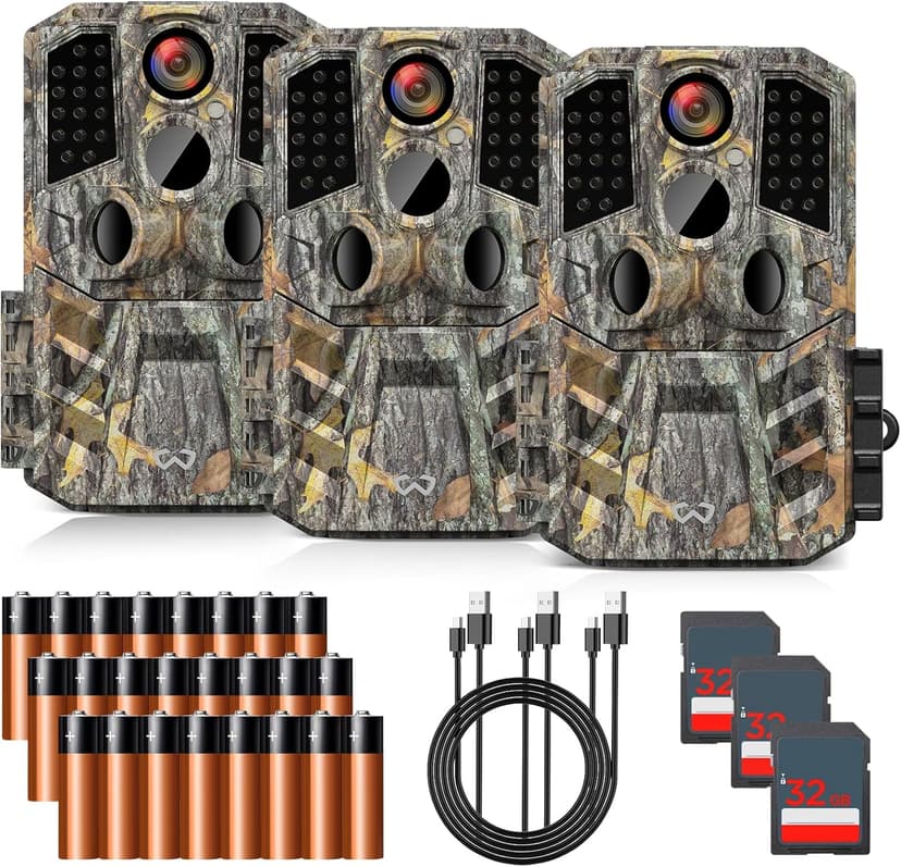Trail Camera 3 Pack 36MP 1920P HD Game Camera with SD Cards, 0.2s Trigger Time Infrared Night Vision Motion Activated, IP66 Waterproof 2.0''LCD Wildlife Camera for Monitoring