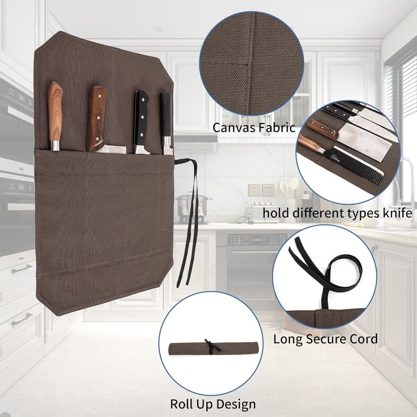 HERSENT A Chef's Knife Roll Bag - Portable Travel Chef Knife Case Carrier Holder Storage Bag With 4 Slots Best Gift For Pro Chef Or Culinary Enthusiasts Men Women HGJ03-P (Coffee)