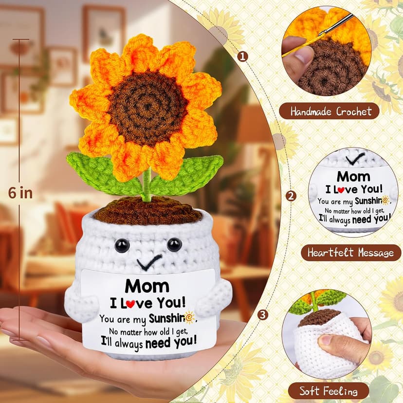 Gifts for Mom, Birthday Gift for Mom, Handmade Crochet Flowers Sunflower for Home Office Desk Decoration, I Love You Gifts for Moms Mama from Daughter Son Kids, Mothers Day, Xmas Present Idea