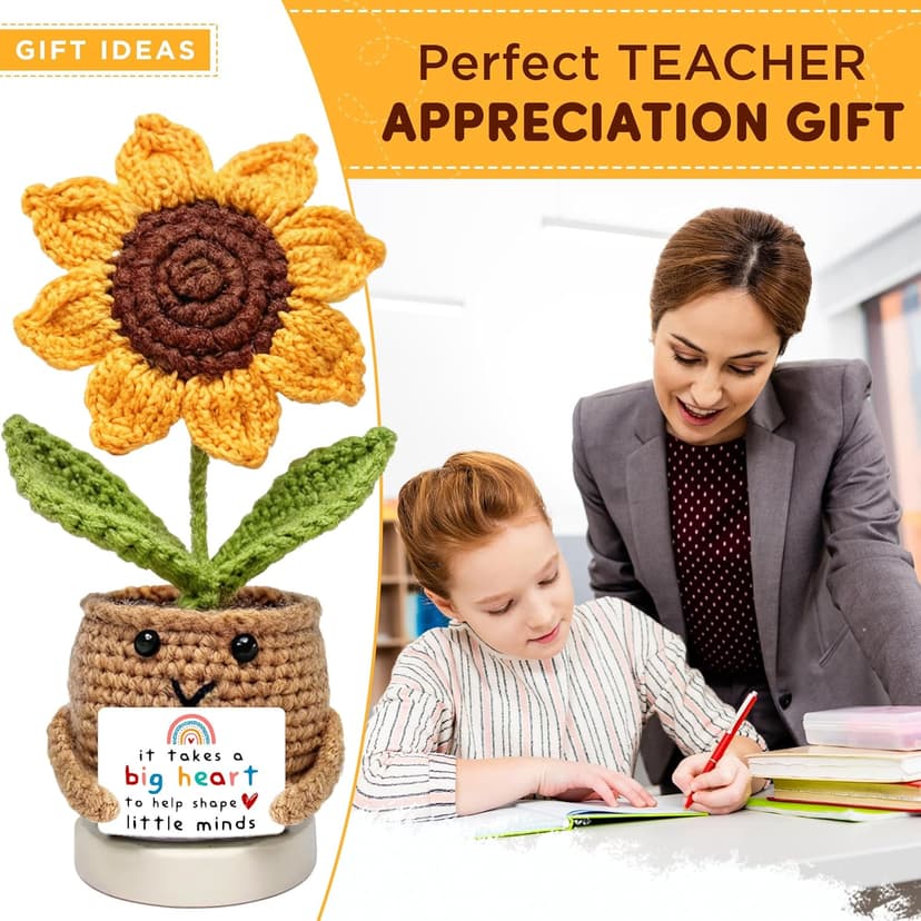 Teacher Gifts for Women, Teacher Gifts for Teachers Appreciation Week, End of Year, Birthday, Back to School - Positive Crochet Sunflower Handmade, Teacher Crochet Gift
