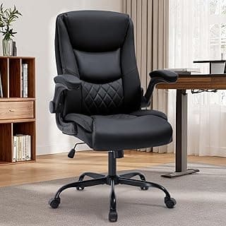Office Chair, Executive Leather Office Chair with Lumbar Support & Flip-up Armrests, Ergonomic Adjustable High Back Swivel Chair with Rocking Function (Black)