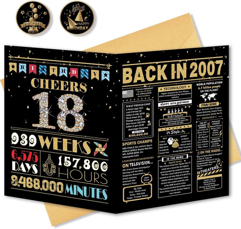 18th Birthday Card, 18th Birthday Decorations for Girls Boys, 18th Birthday Gifts for Son Daughter, Back in 2007 Birthday Card, Black Gold