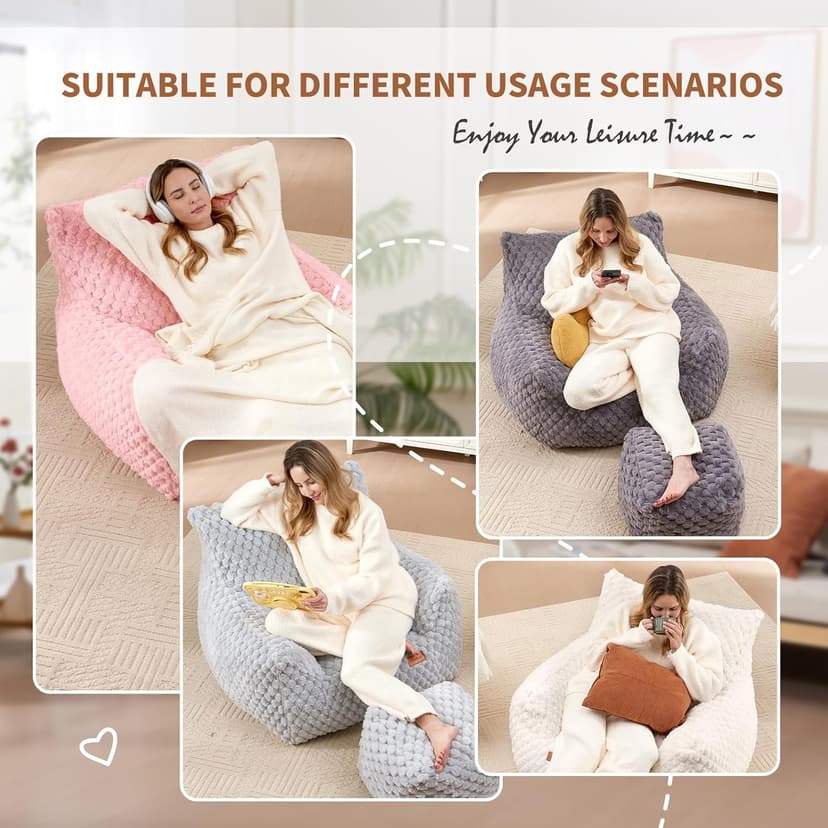Gaming Chair Comfy Bean Bag Couch Sofa Chair for Bedroom, Modern Faux Fur Reading Bean Bag Chairs for Adults Teens, Living Room Adult Bean Bag Chair with Footrest