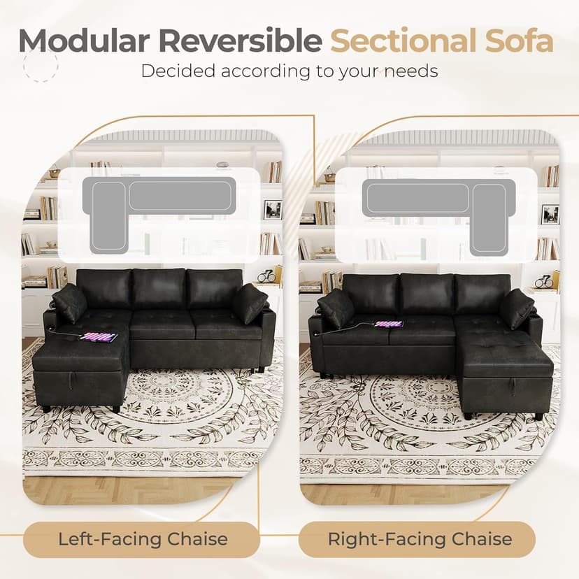 Esright Sleeper Sofa Bed, 3-in-1 Pull Out Couch with Reversible Chaise, Leather Sleeper Sofa with Storage, USB, Cup Holder, Pullout Sectional Couches for Apartment Living Room, Black | Hidden Storage Space