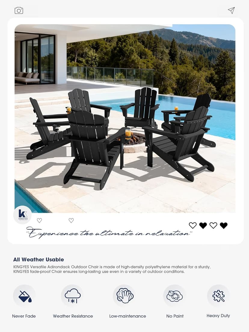 KINGYES Folding Adirondack Chair Set of 6, HDPE All-Weather Patio Chairs, Wooden Textured Lawn Chair for Poolside, Backyard, Deck, Fire Pit, Black