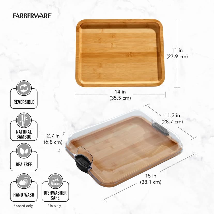 Farberware Bamboo Cutting Board with Clear Locking Lid, 11x14 Inch Charcuterie Board with Handles - Reversible Serving Board for Cheese, Meats, Snacks and More B0D2RRK7CS
