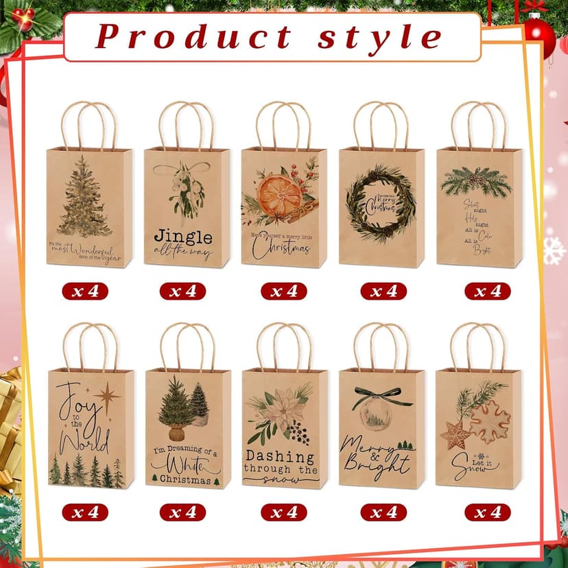 Vintage Christmas Gift Bags, Small Paper Gifts Bags for Xmas Stuffer Candy Party Present Wrapping, 8.27 x 5.91 x 3.15 Inches Tenceur 40 Pcs Christmas Gift Bag Bulk with Handle Reusable Kraft Brown Bag B0FP22D55T