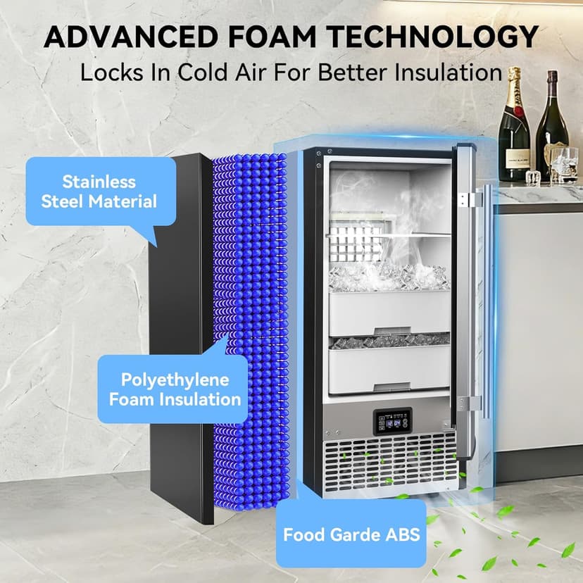 SOZT® Under Counter Ice Maker with Refrigerator Function, 120LBS/24H Commercial Ice Machine, No-Melt Ice Storage, 24H Timer & Self-Cleaning, Built-in/Freestanding for Home Bar Cafe Restaurant