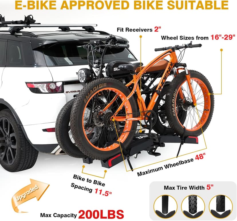 Ebike Rack with Ramp for 2 E-Bikes 200 lbs Capacity Fits 5" Fat Tire, Hitch Bike Rack for Cars SUVs Trucks with 2" Receiver, Foldable Tilting Locking No Assembly Needed E-Bike Platform Carrier