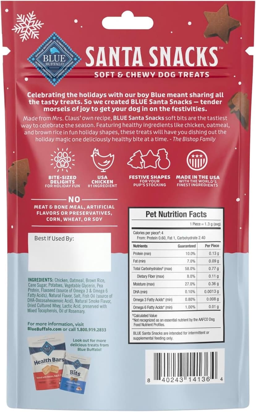 Limited-Time Holiday Treat, Soft-Moist Training Bits, Seasonal Shapes, No Chicken By-Product, Corn, Wheat, or Soy Blue Buffalo Santa Snacks Chicken Dog Treats, 4.5 oz B08C7H7LW7