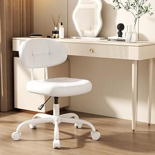 Misolant Vanity Chair with Back, Small Armless Cute office Chair with wheels and Lumbar support, Comfy PU Leather Desk Computer Chairs with Adjustable Height, 360°Swivel for Home Bedroom Office, White