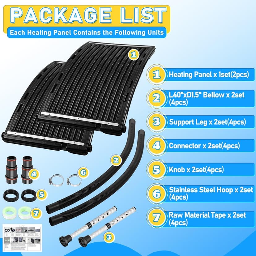 2PCS 2026 Upgraded Solar Pool Heater, with Height-Adjustable Support Feet, Four-Level Adjustment for Above-Ground and Inground Pools, Includes 4 Adapters, 4 Hoses & Clamps, 4 Plumber's Tapes