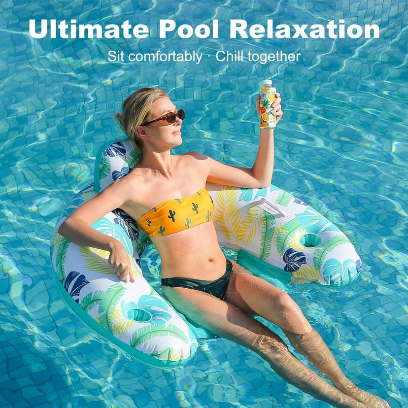 2 Pack Inflatable Pool Float Chair, Floating Pool Chair Adults Pool Lounger Float with Cup Holder & Handles Water Floats for Adults Lake Chair Floats for Swimming Pool River Beach Party