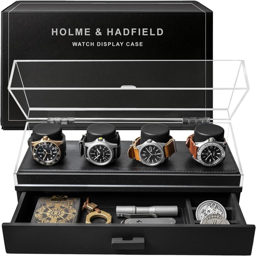 Holme & Hadfield Premium 4-Slot Wooden Watch Display Case – Handcrafted Men’s Watch Box with Accessory Drawer, Hinged Cover, Leather Lining – Birthday Gift for Collectors – Luxury Built to Last