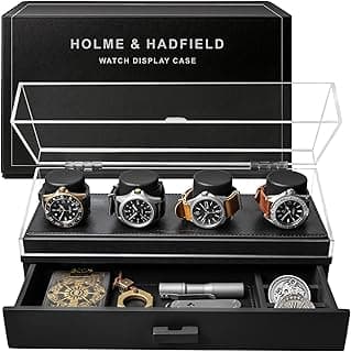 Holme & Hadfield Premium 4-Slot Wooden Watch Display Case – Handcrafted Men’s Watch Box with Accessory Drawer, Hinged Cover, Leather Lining – Birthday Gift for Collectors – Luxury Built to Last