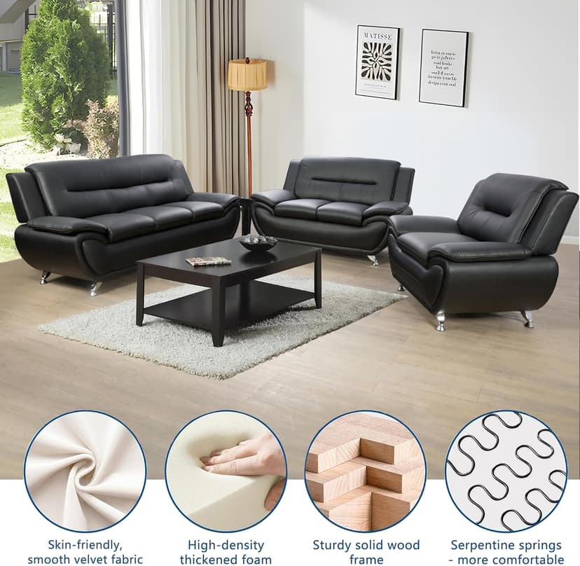 Ocstta Modern 3 Piece Living Room Couch Set, Faux Leather Sofa Set, Black