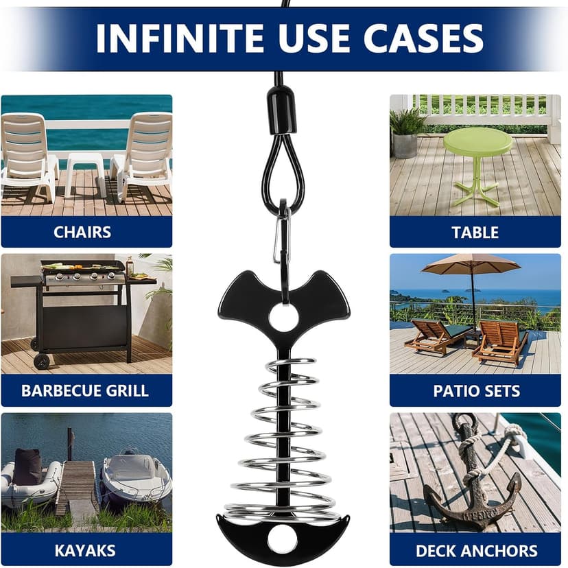 Deck or Dock Anchors for Gap Between Boards - Outdoor Furniture Deck Anchor Marine Grade Stainless Steel Fishbone Deck Anchor Pegs with Carabiners Easily Reposition Chair, Table, Grill and Kayaks