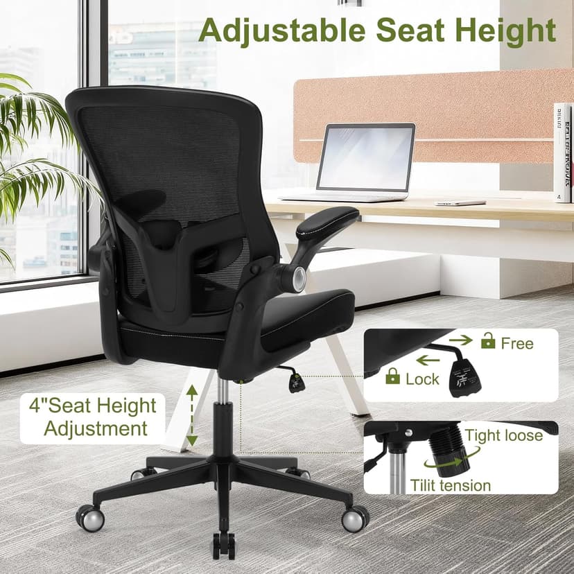 Ergonomic PU Leather Office Chair, 400lbs Weight Capacity, Breathable Mesh Back, Adjustable Height & Flip-Up Arms, Heavy Duty Computer Desk Chair for Home & Office, Black