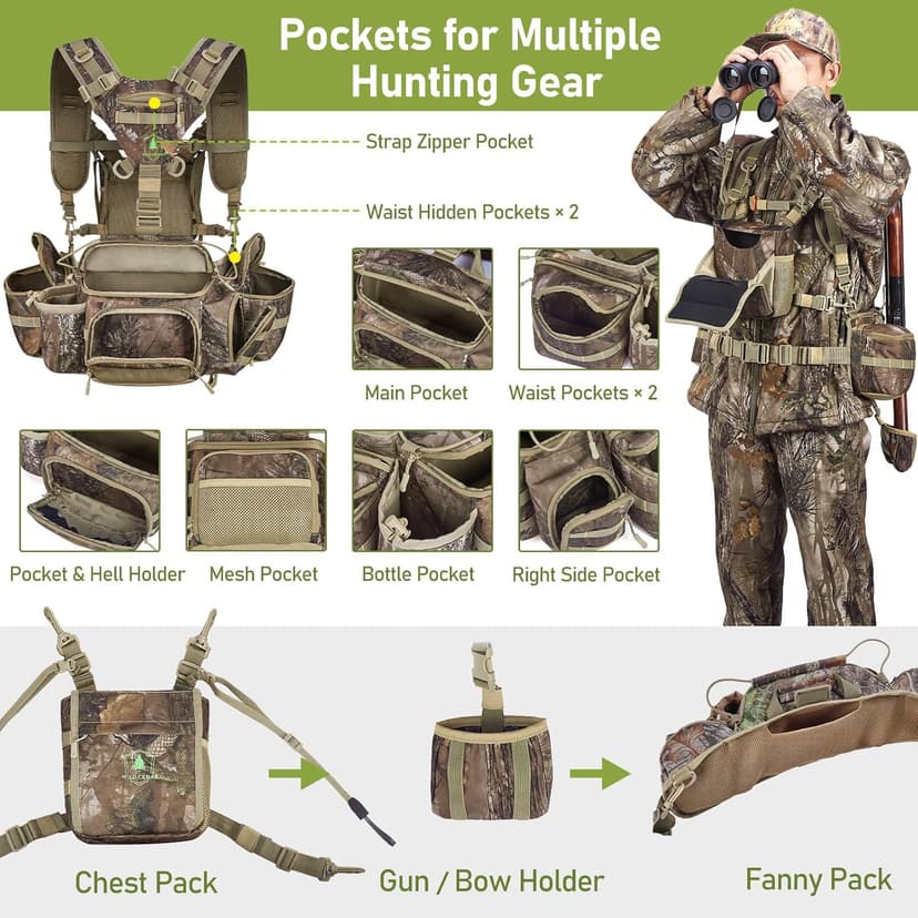 Hunting Fanny Pack for Men, Camo Waist Pack for Hunter, Fanny Hunting Backpack with Rifle, Shotgun, and Bow Holder (Fanny Pack Upgrade)