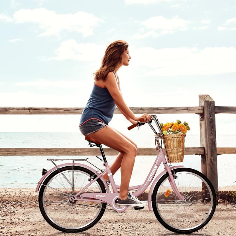 Beach Cruiser Bike for Adult, 24 & 26 Inch Comfort Bikes with Rattan Front Basket, Womens Bicycle with Adjustable Seat and Dual V-Brake (Pink & White & Green & Purple & Black)