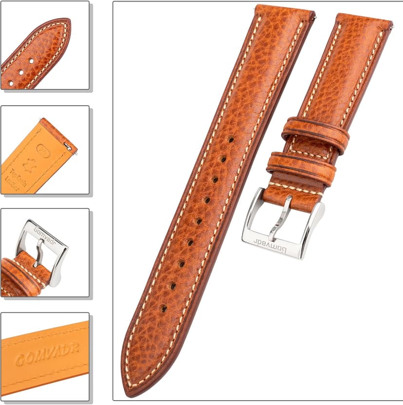 Gomvadr Italian Leather Watch Band Tuscany Natural Vegetable-Tanned Top Grain Genuine Leather Strap,18mm 19mm 20mm 21mm 22mm XL XXL Quick Release Replacement Watch Bands for Men and Women Thick and Soft