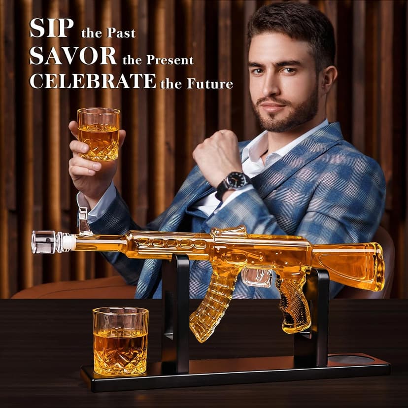 Whiskey Decanter AK47 Set with 2 Whiskey Glasses, Gifts for Men Dad Stocking Stuffers, Unique Christmas Anniversary Birthday Gift for Him Husband, Cool Presents liquor dispenser for Home Bar