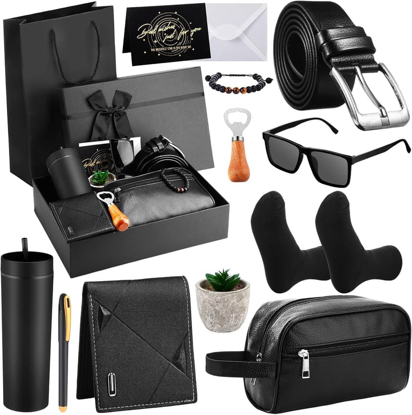 Skylety 13 Pcs Birthdays Gifts Baskets for Men Father Gift for Men Birthdays Gift Box 16 oz Tumblers Wallet Toiletry Bag Sock Bottle Opener Belt Bracelet Glasses Pen for Father's Day Dad Husband B0DJ92ZCJ1