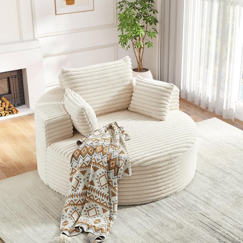 Oversized Round Chaise Longue Chair Indoor, Modern 55-inch Upholstered Corduroy Deep Seat Circle Single Cloud Lounge Floor Sofa Chair for Living Room, Bedroom Apartment, Beige