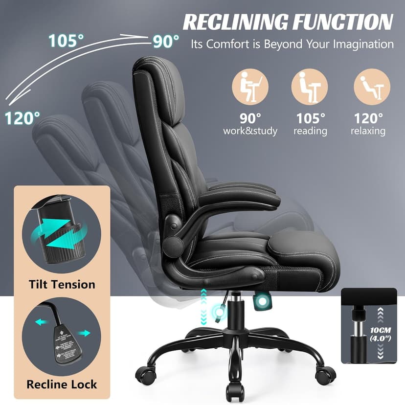 HeroSet Office Chair, Ergonomic Big and Tall Computer Desk Chairs, Executive Breathable Leather Chair with Adjustable Flip-up Armrests, Lumbar Support Swivel PC Chair with Rocking Function