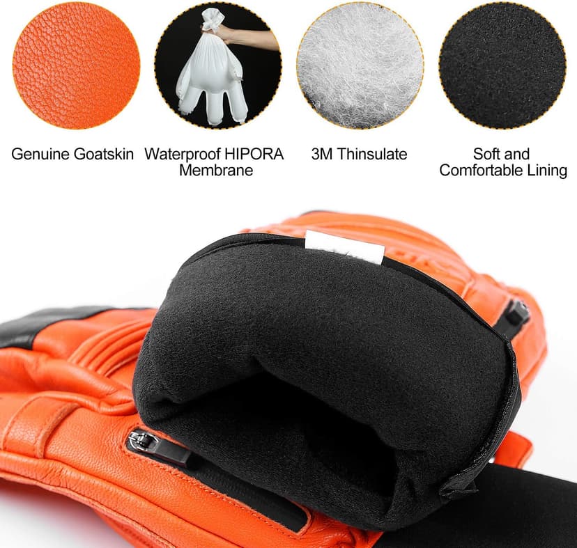 KUTOOK Winter 3 Fingers Ski Mittens Goatskin Thermal 3M Thinsulate Waterproof Snowboarding Gloves with Pocket for Men Women