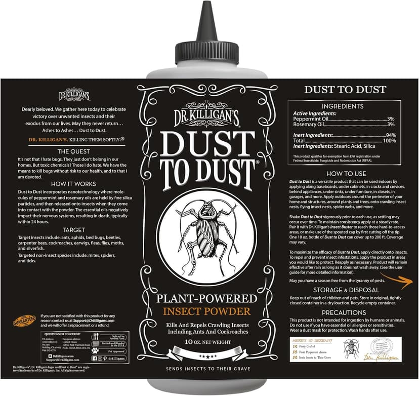 Dr. Killigan's Dust to Dust Powder - Diatomaceous Earth Alternative - Insect Killer for Indoor & Outdoor Use - Removes on Contact & While You Sleep, Protects up to 6 Months (10 oz)