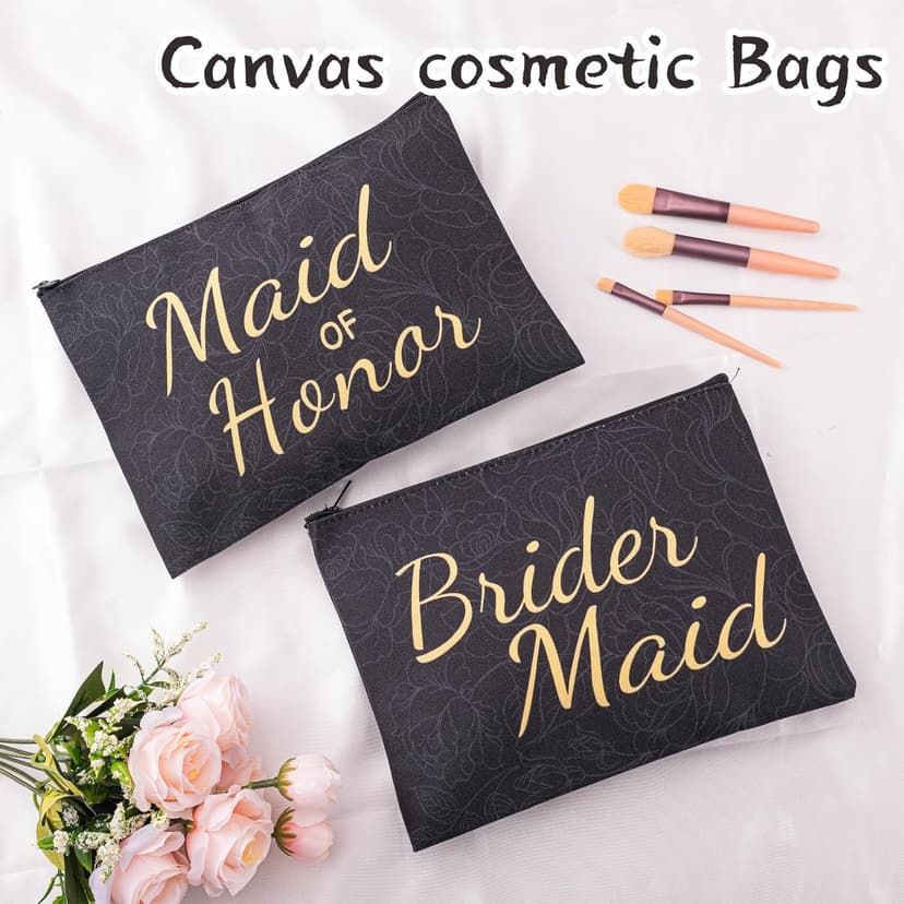 4 Sets Black Bridesmaid Proposal Gifts, Maid of Honor Gift Includes Wedding Gift Box Jewelry Box Makeup Bag Bracelet Foam Flower Invited Card Glasses Cup Hair Tie for Bridal Shower Bachelorette Party