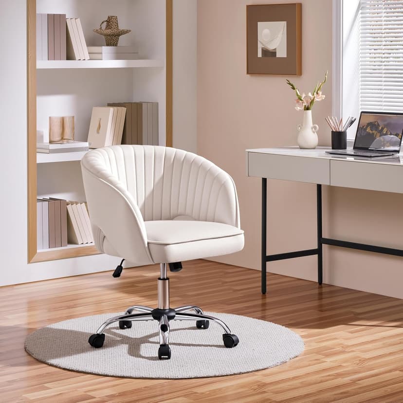 Yaheetech Cute Desk Chair Velvet Vanity Chair with Wheels Home Office Upholstered Modern Swivel Armchair with Tufted Barrel Back for Study, Vanity, Bedroom Cream