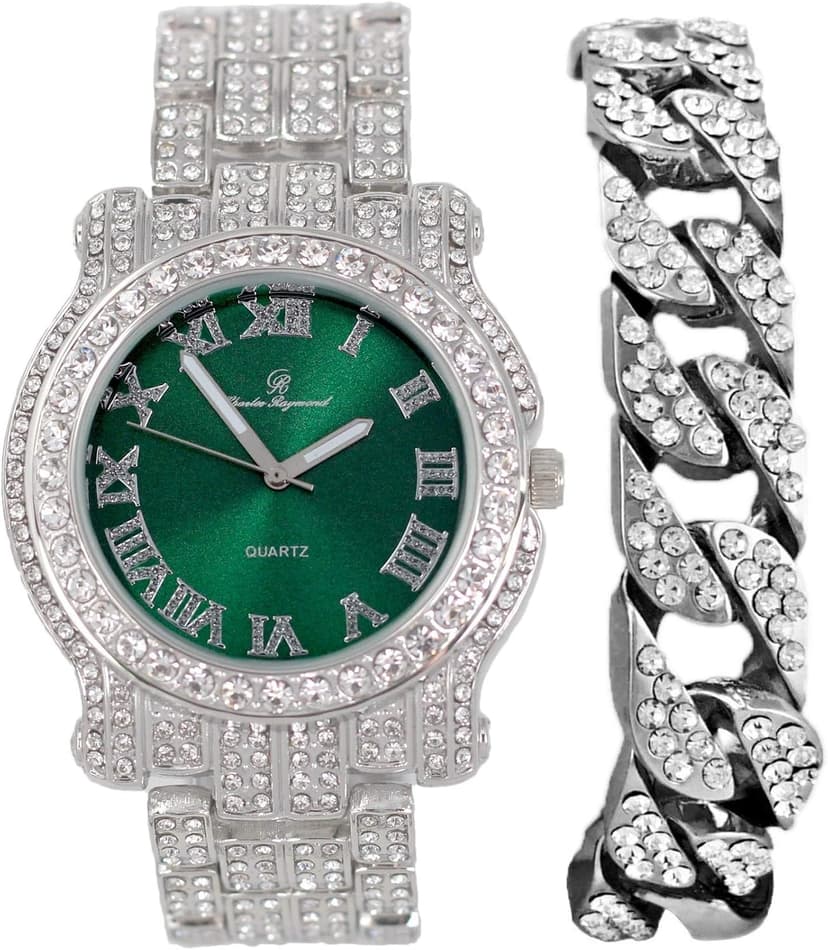 Charles Raymond Bling-ed Out Silver Round Luxury Mens Watch w/Bling-ed Out Bracelet - L0504B