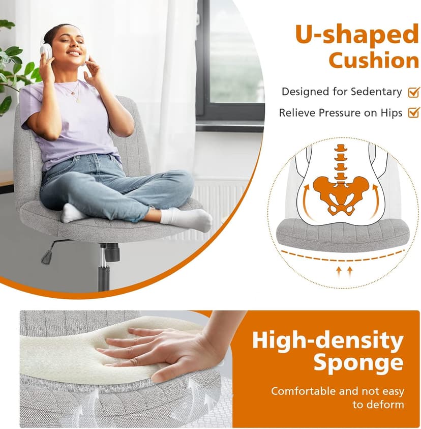 Sweetcrispy Criss Cross Chair Legged, Armless Office Swivel Desk Chairs No Wheels, Vanity Height Adjustable Wide Seat Comfy Cute Computer Task Seating for Home Bedroom, Grey
