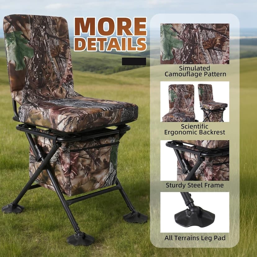 FUNHORUN Hunting Chair with Storage Bag, 360 Degree Silent Swivel Hunting Seat, Camouflage Foldable Ground Blind Chair, Tool-Free Padded Cushion Portable Seat, Lightweight