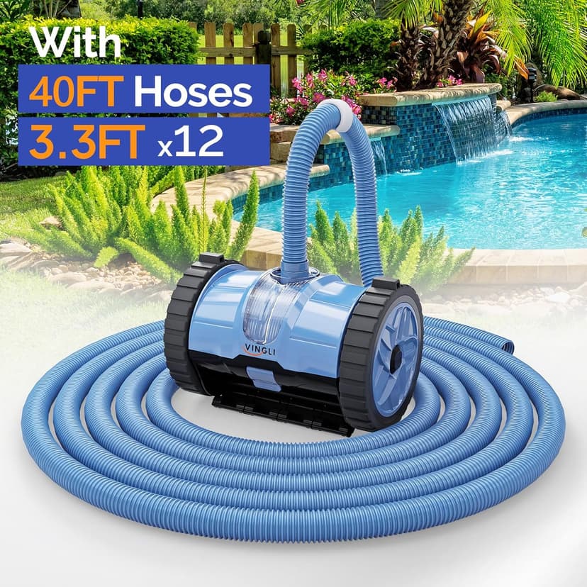 (2025 Upgrade) VINGLI Automatic Suction-Side Pool Vacuum Cleaner, Powerful Wall-Climbing Sweeper for Inground Pools, Includes 39.6ft Tangle-Free Hose (Blue&Gray)