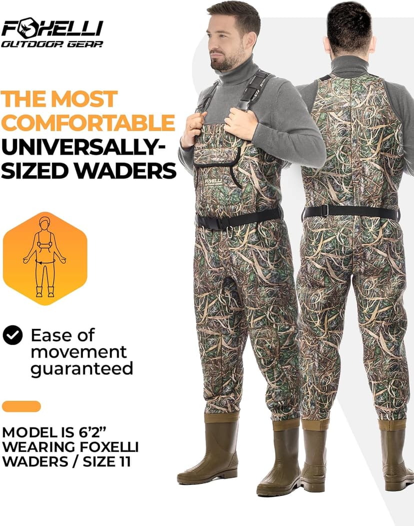 Foxelli Chest Waders, Waterproof 4mm Neoprene Hunting & Fishing Waders for Men & Women with Boots
