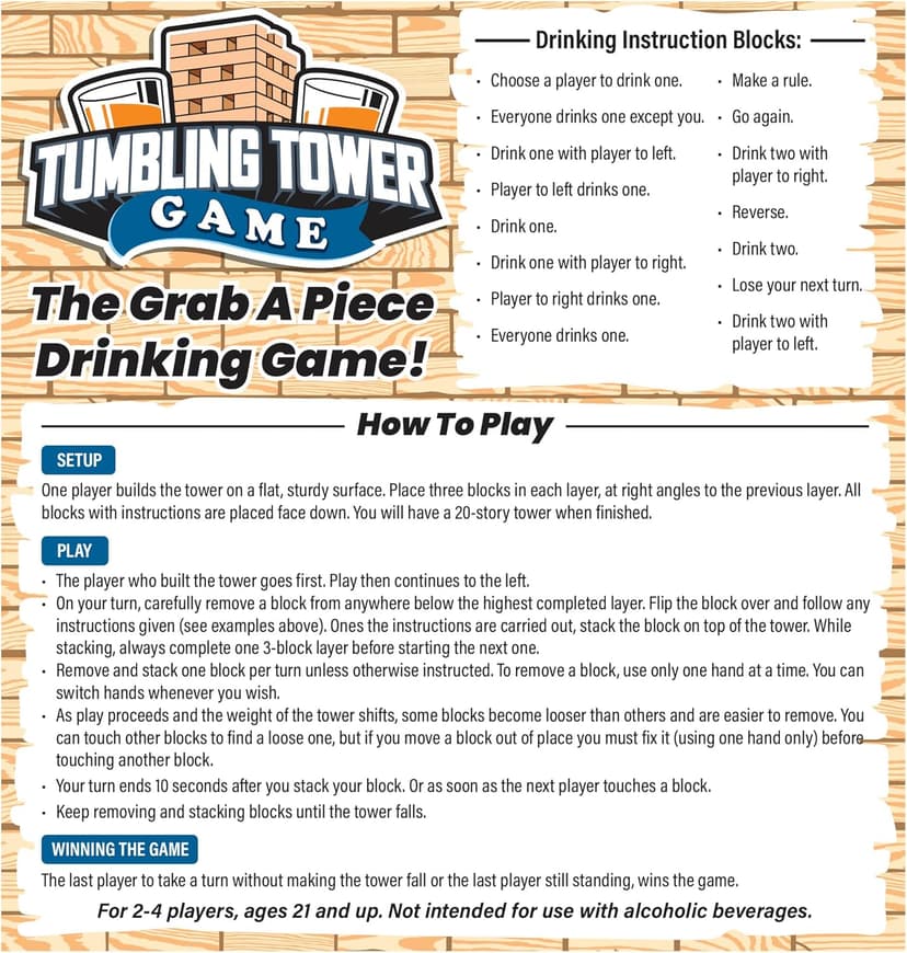 ArtCreativity Tumbling Tower Drinking Games for Adults, with 4 Glasses and 48 Wooden Blocks with Challenges, Fun House Adult Party Games for Game Night, Great Gift Idea for Everyone